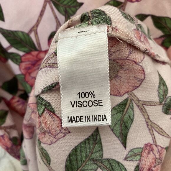 Melange M Pink Floral Short Dress Bell 3/4 Sleeves Viscose Roses Cottage Prairie - Picture 5 of 7